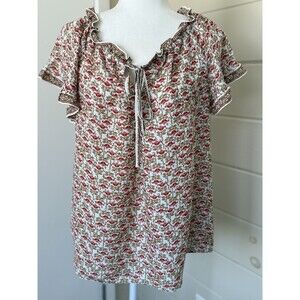 NWT Max Studio Boho Ruffle Hem V Neck Floral  Blouse Sz M Boho Casual Neutral